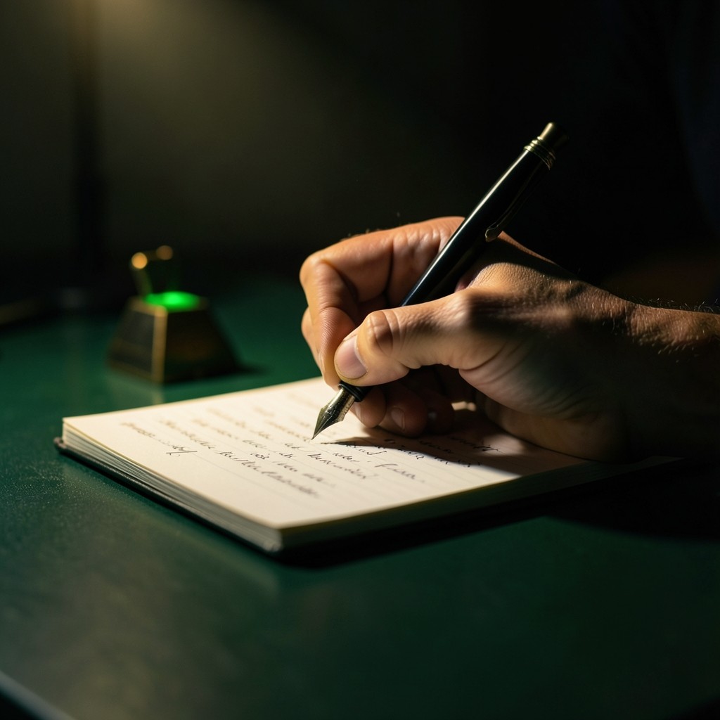 A long wooden table with notebooks, a soldering iron, and a single warm desk lamp