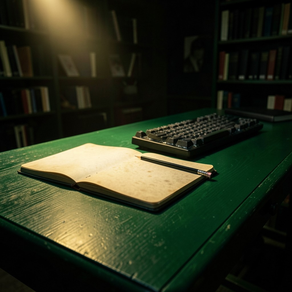 A single lamp illuminating an open notebook and a keyboard on a dark desk