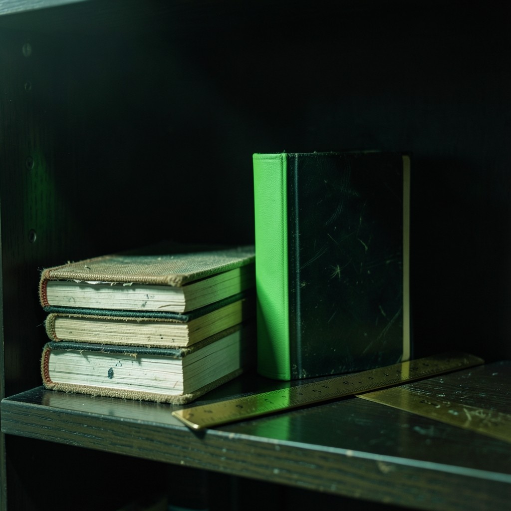 A tightly arranged shelf of field journals and hardware under a single warm light